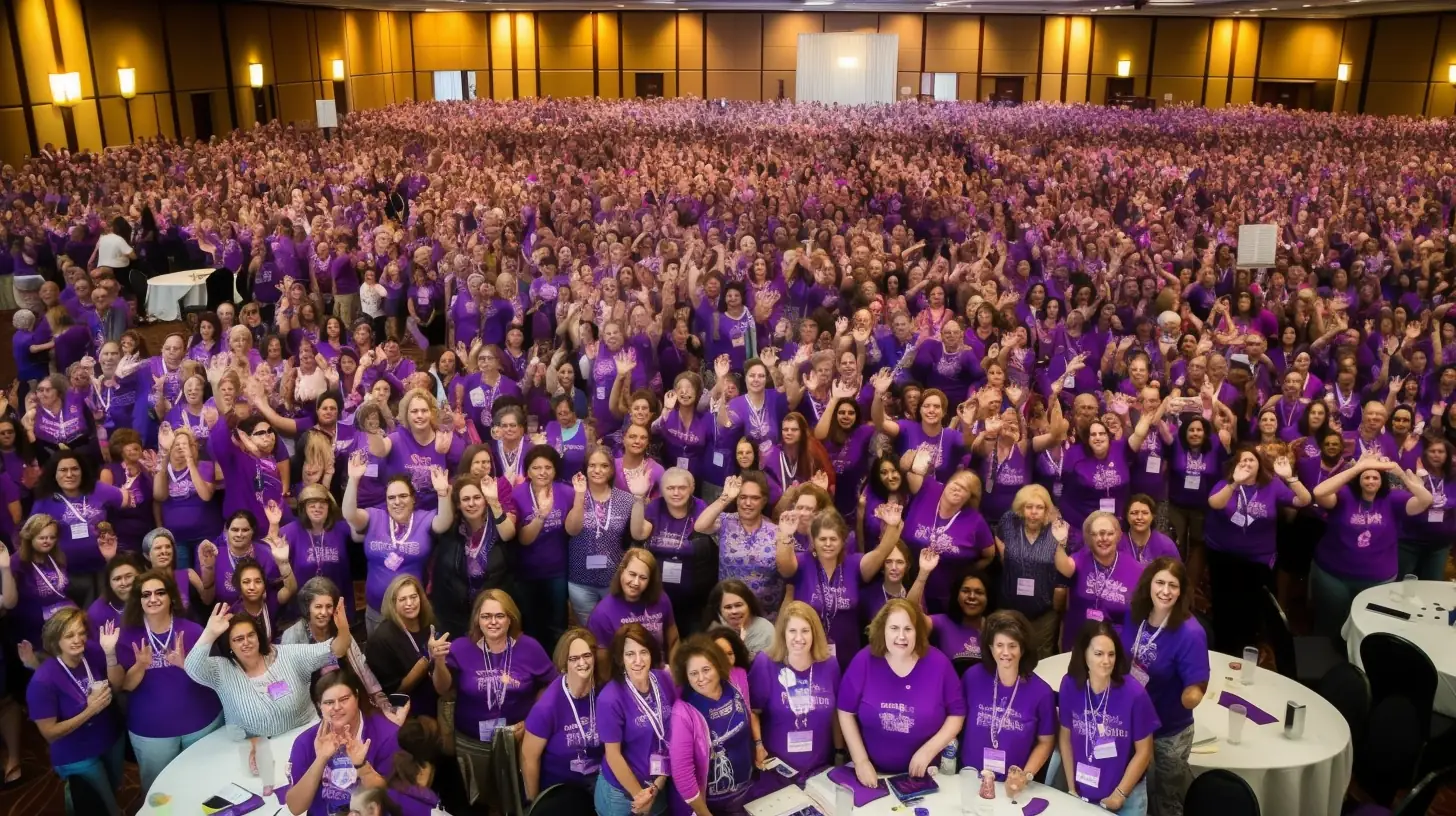 Thousands of people in purple shirts fill a convention hall, hands raised.